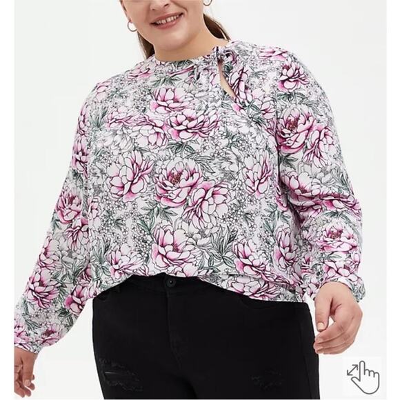 Torrid floral blouse, side, tie, bow, feminine pink, and white office plus size - Picture 1 of 13